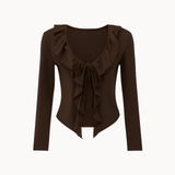 Ruffle Tie Bluse - Mørkebrun