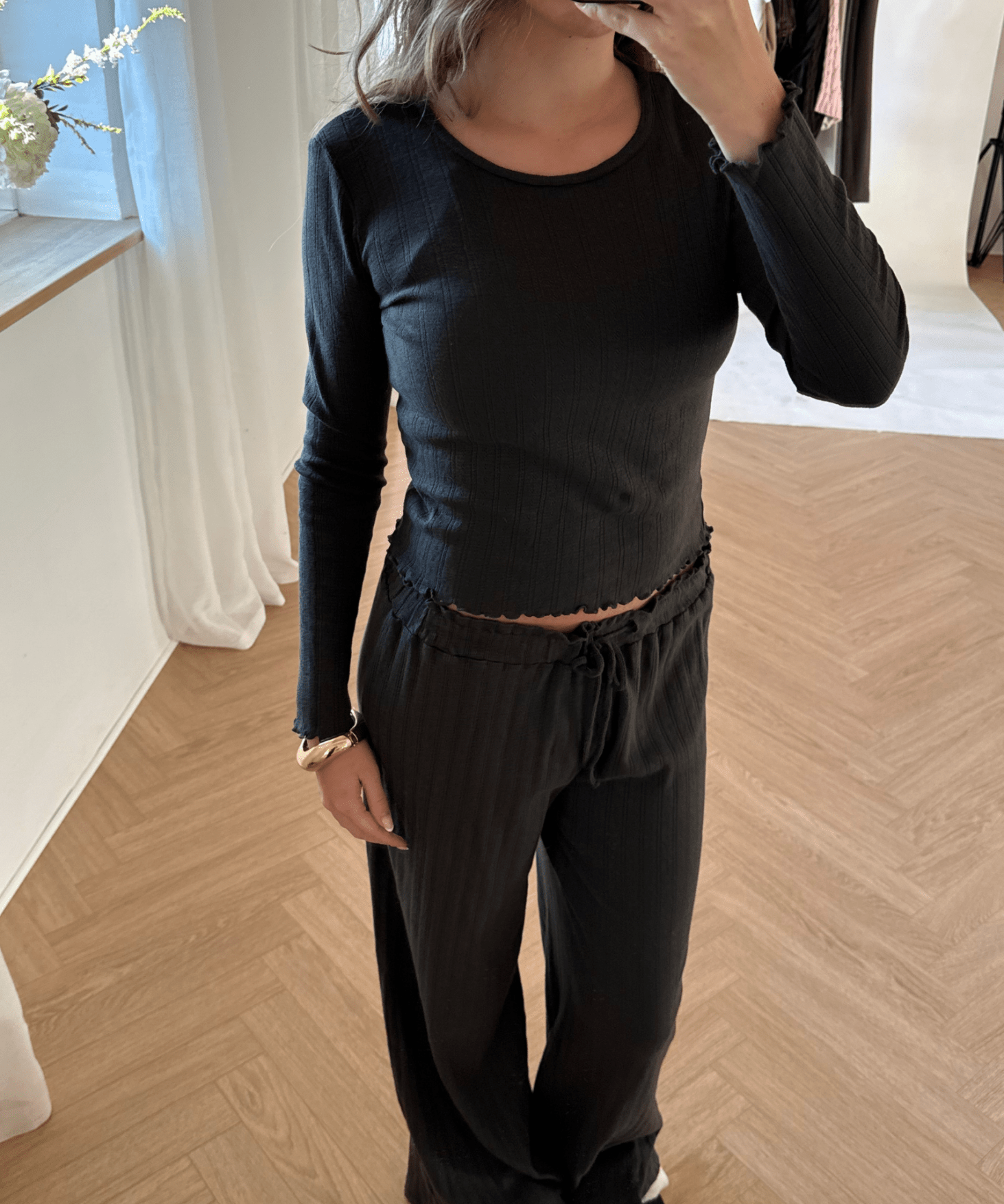 Loungewear Bluse i Pointelle - Mørkebrun - ByStenholt.dk