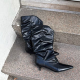 Pleated Kitten Heel Støvler - Sort
