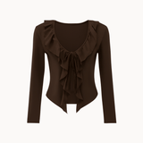 Ruffle Tie Bluse - Mørkebrun - ByStenholt.dk